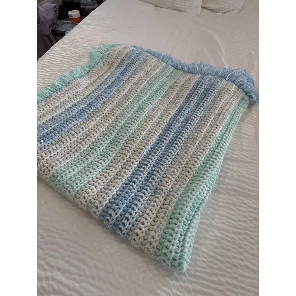 HANDMADE Crochet Afghan Throw Blanket 57x57 Pastel Blue Mint Fringed Cottagecore